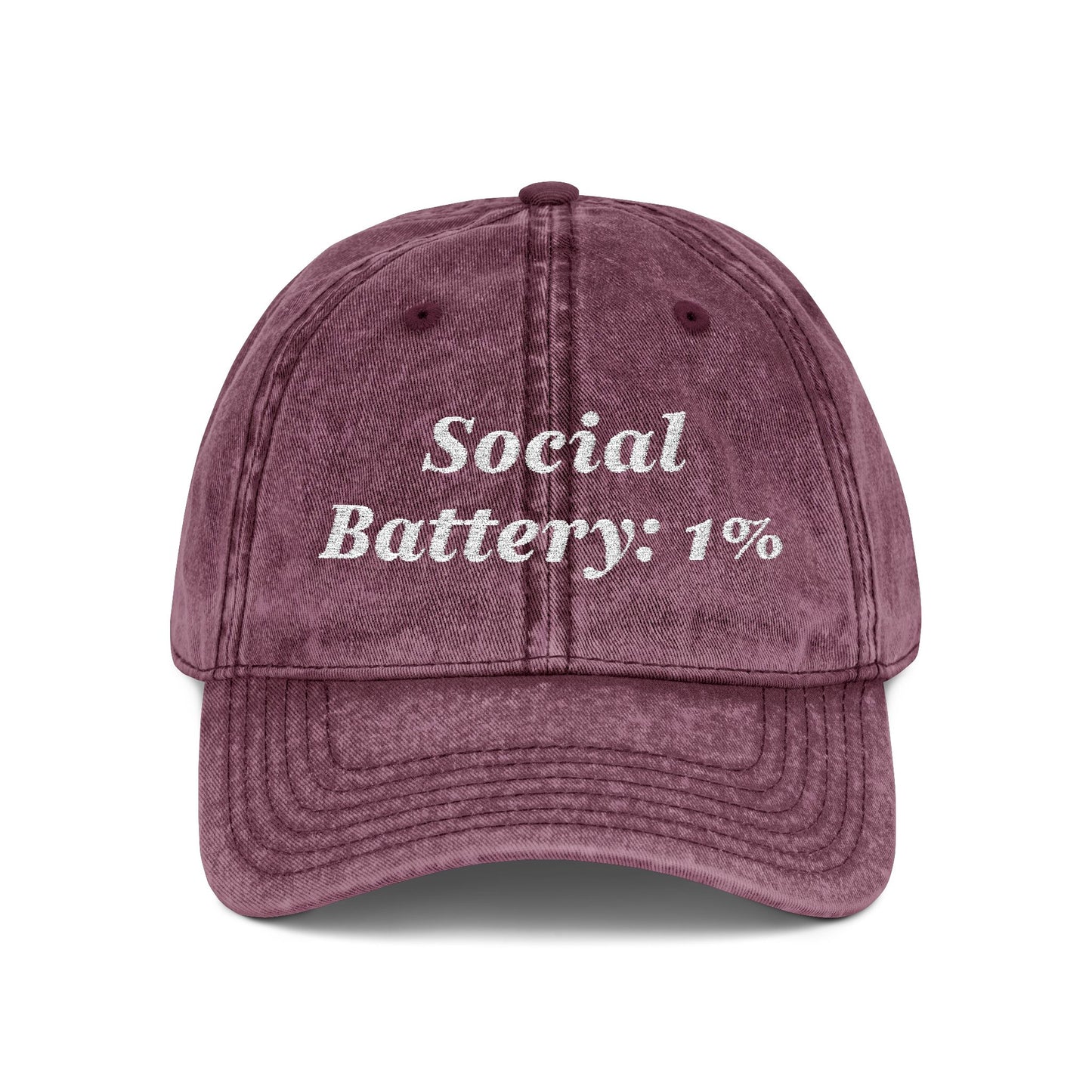 Social Battery 1% Hat Funny Introvert Personalized Text Embroidered Vintage Cap
