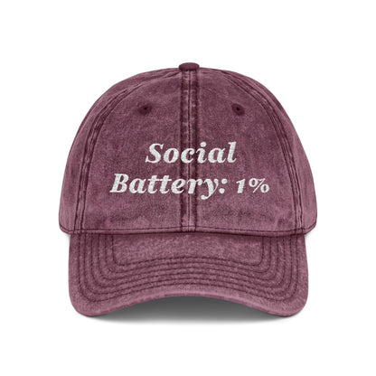 Social Battery 1% Hat Funny Introvert Personalized Text Embroidered Vintage Cap