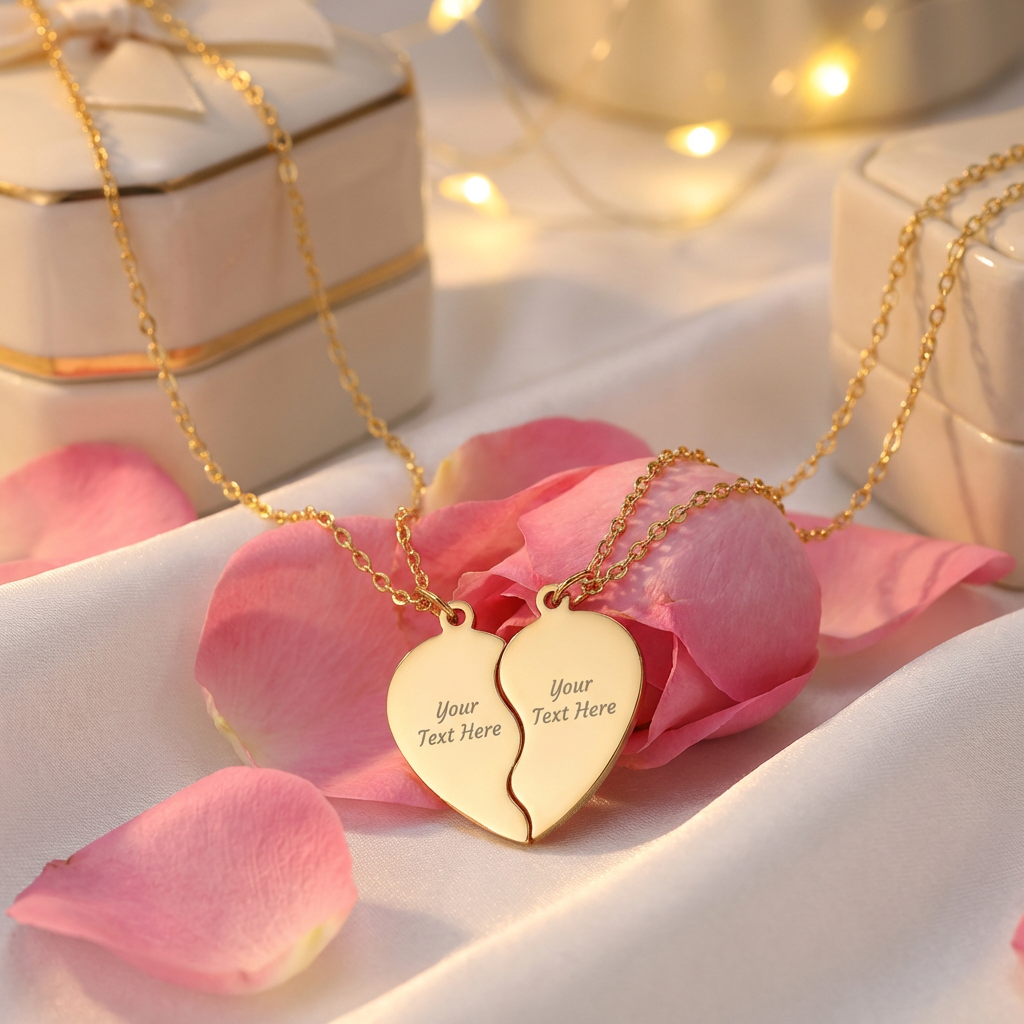 Engravable Break Apart Heart Necklace Set | Split Heart Pendant | Personalized Name Neckalce | Custom Jewelry