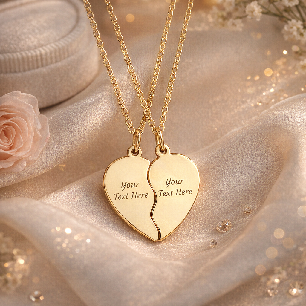Engravable Break Apart Heart Necklace Set | Split Heart Pendant | Personalized Name Neckalce | Custom Jewelry