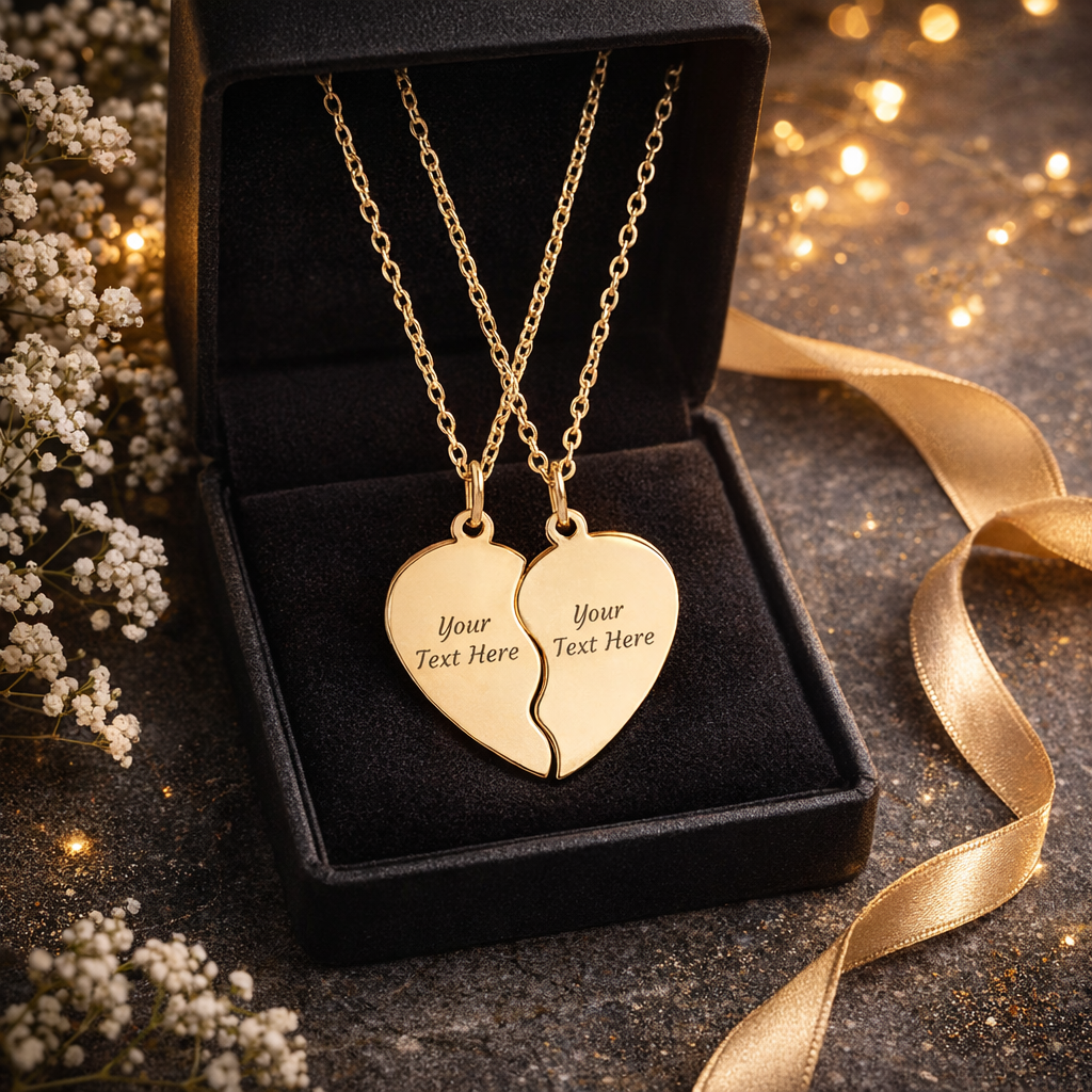 Engravable Break Apart Heart Necklace Set | Split Heart Pendant | Personalized Name Neckalce | Custom Jewelry