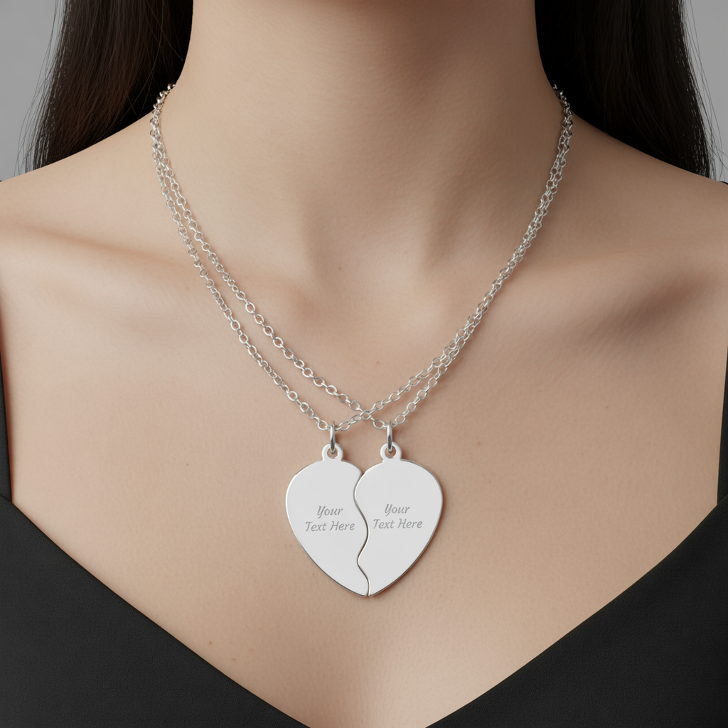 Engravable Break Apart Heart Necklace Set | Split Heart Pendant | Personalized Name Neckalce | Custom Jewelry