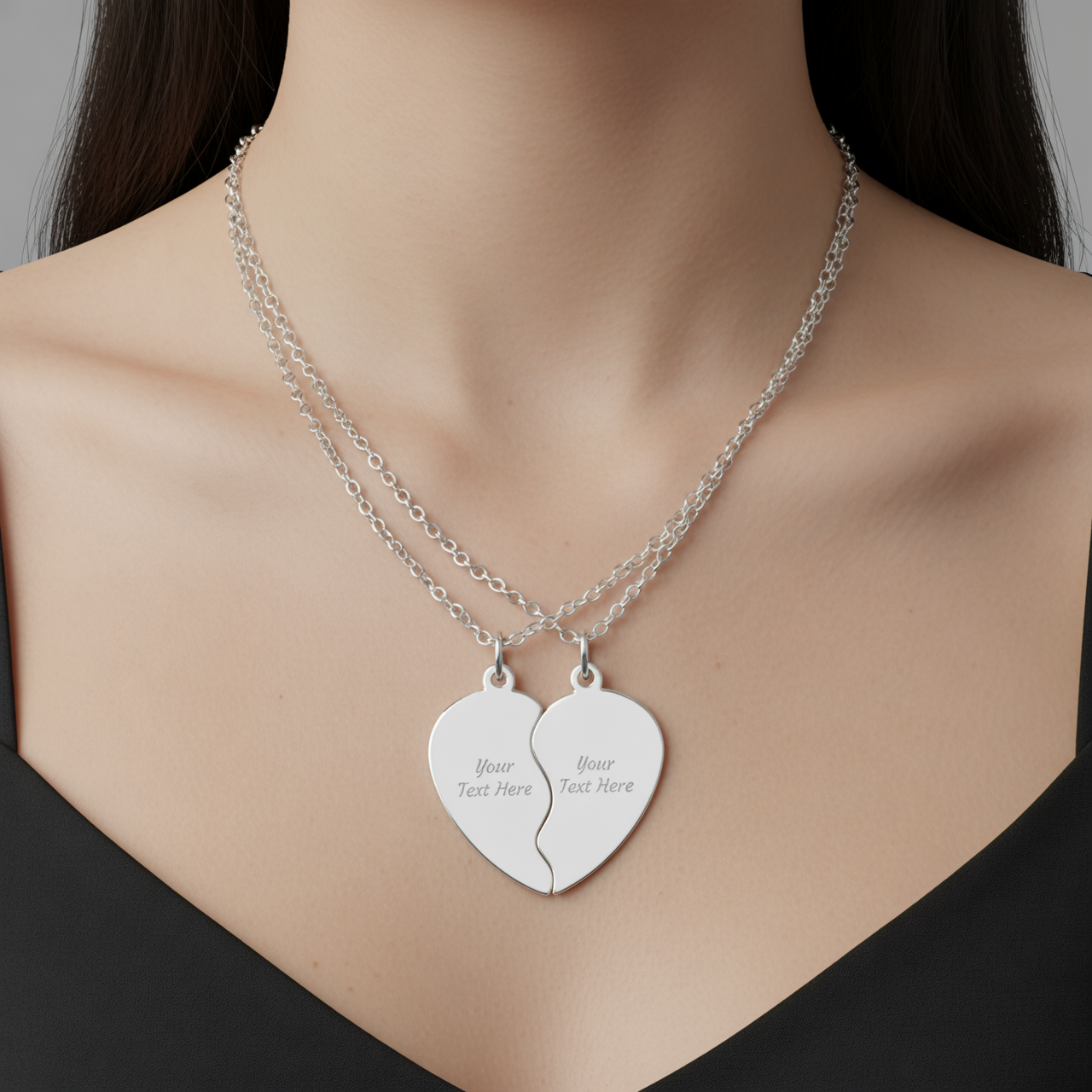 Engravable Break Apart Heart Necklace Set | Split Heart Pendant | Personalized Name Neckalce | Custom Jewelry