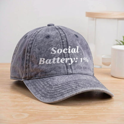 Social Battery 1% Hat Funny Introvert Personalized Text Embroidered Vintage Cap