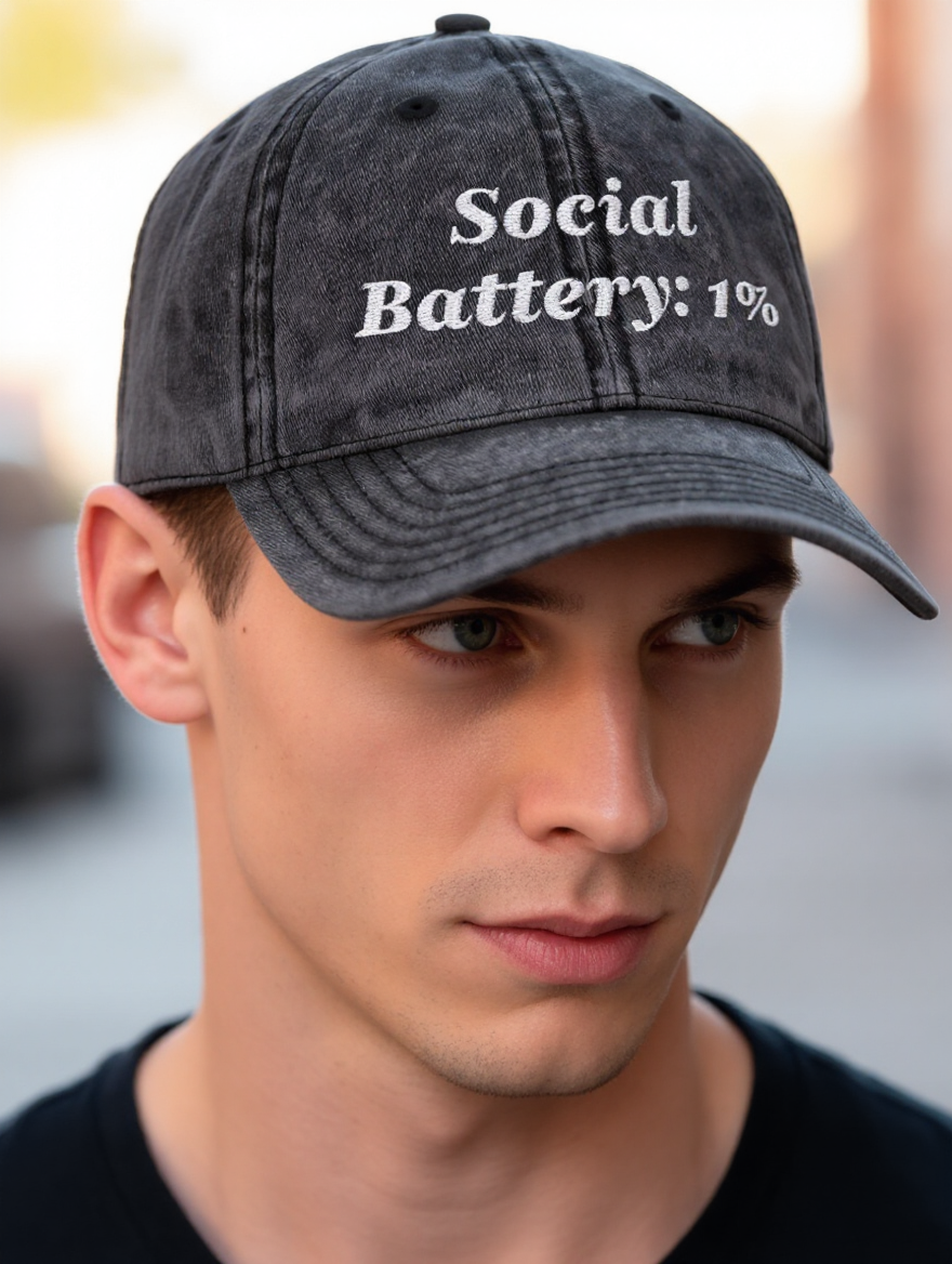 Social Battery 1% Hat Funny Introvert Personalized Text Embroidered Vintage Cap