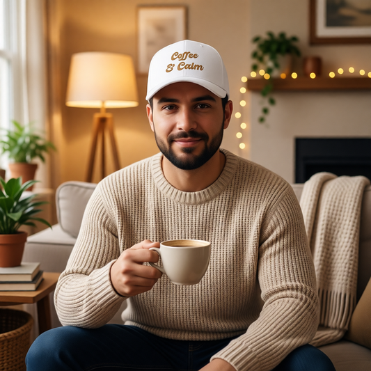 Dad Cap — "Coffee & Calm" Minimalist Embroidered Baseball Coffee Lover Cap

