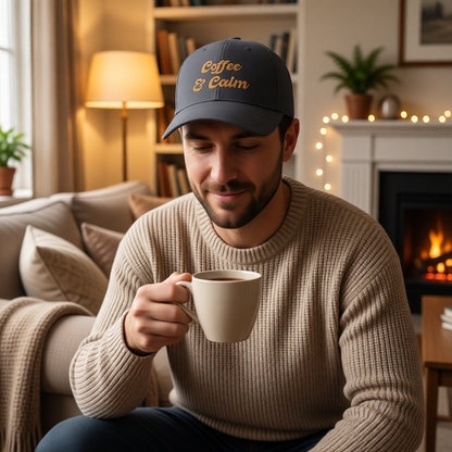 Dad Cap — "Coffee & Calm" Minimalist Embroidered Baseball Coffee Lover Cap