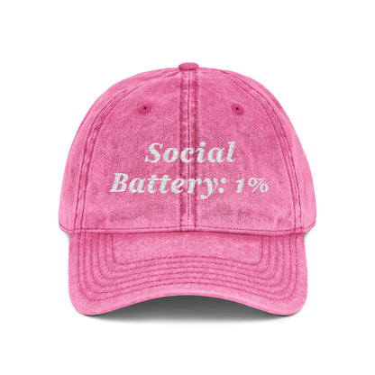 Social Battery 1% Hat Funny Introvert Personalized Text Embroidered Vintage Cap