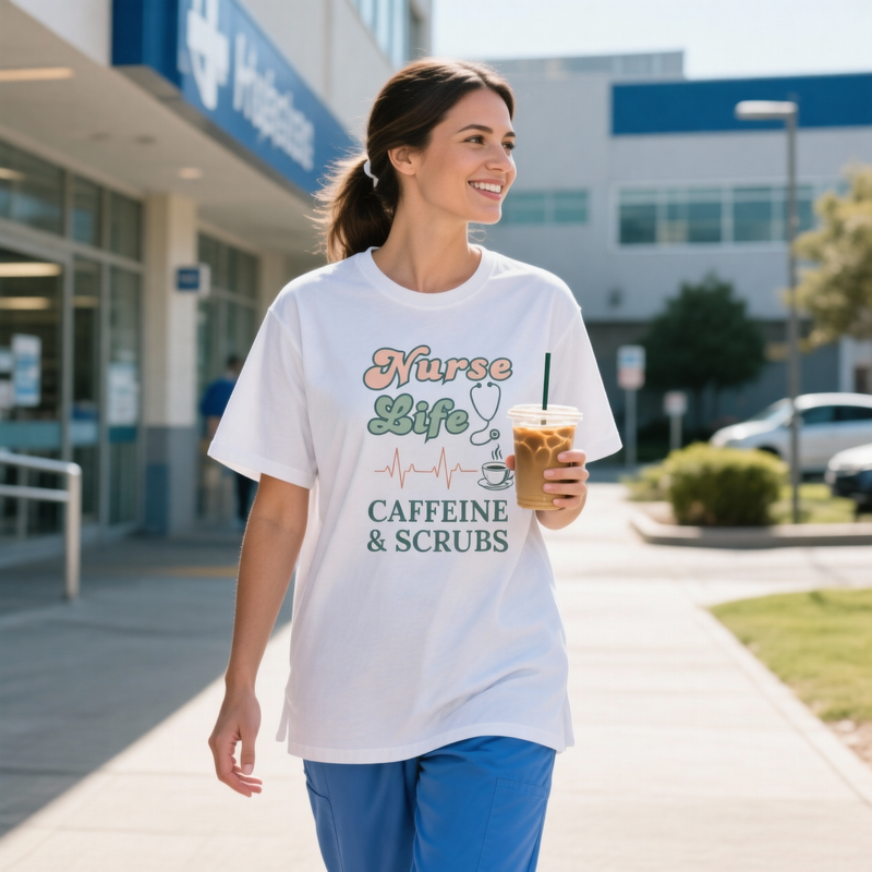 Nurse Life T-Shirt — Caffeine & Scrubs Graphic Tee for Nurses